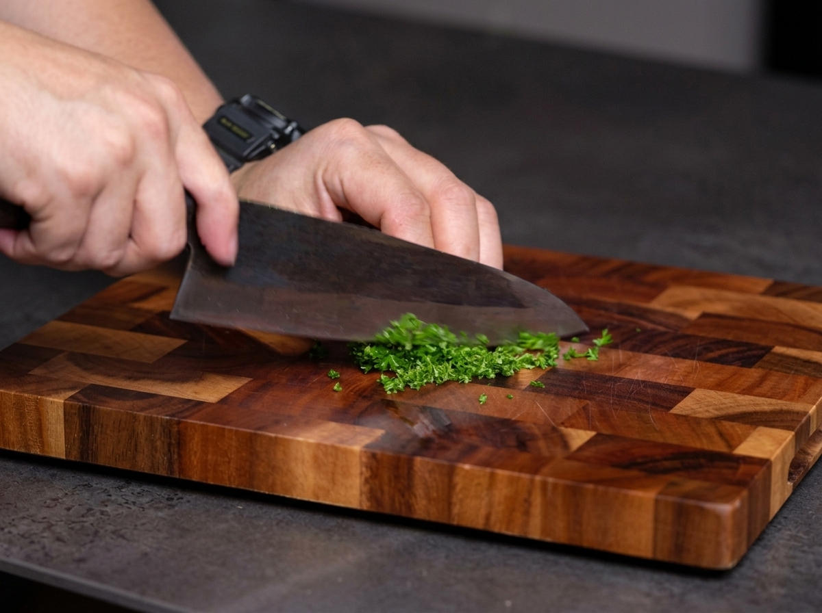 Mains hachant finement du persil vert frais sur une planche en bois avec un couteau de chef.