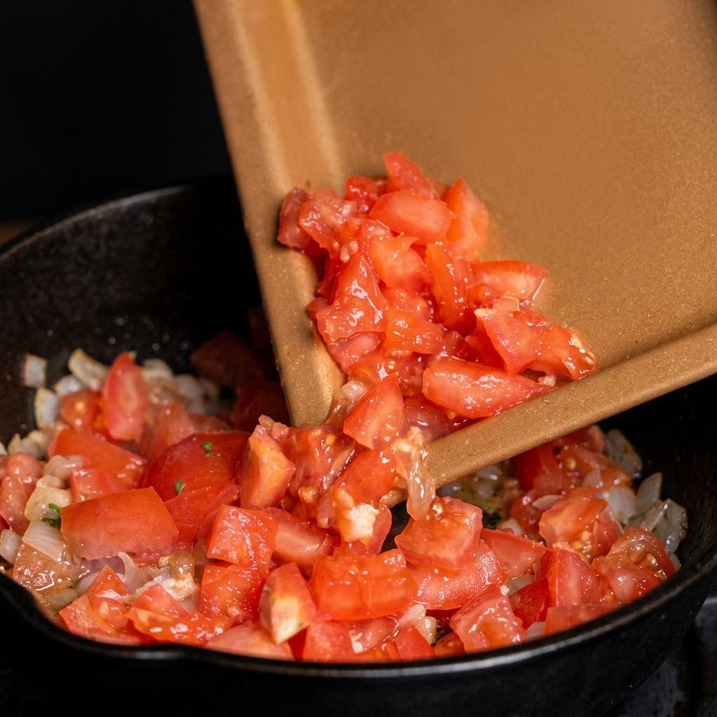 Dés de tomates rouges glissant dun plateau dans une poêle chaude avec la viande et les oignons.