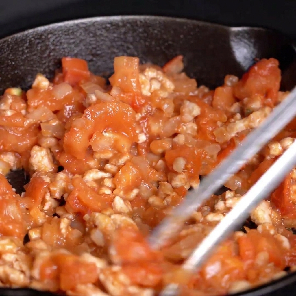 Pinces métalliques remuant un mélange frémissant de tomates, oignons et viande dans une poêle.