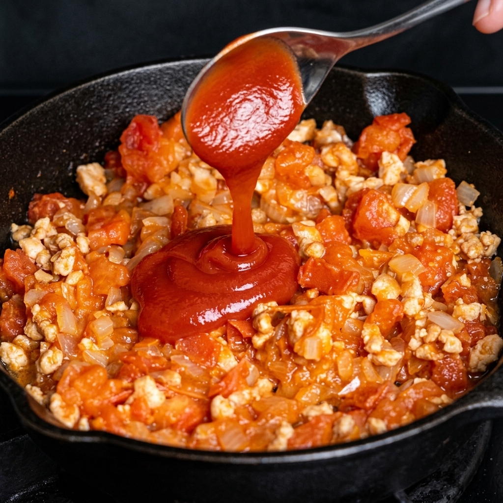 Une cuillerée de ketchup rouge vif versée dans la sauce tomate et viande frémissante.