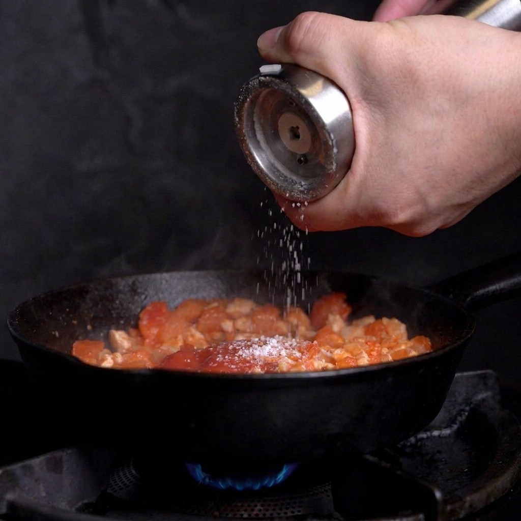 Sel et poivre noir fraîchement moulu saupoudrés sur une poêle de sauce tomate à la viande.