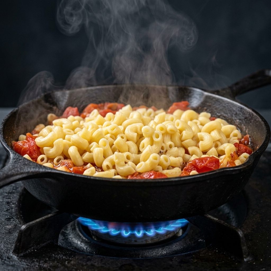 Macaronis fumants versés sur une riche sauce tomate à la viande dans une poêle en fonte noire.