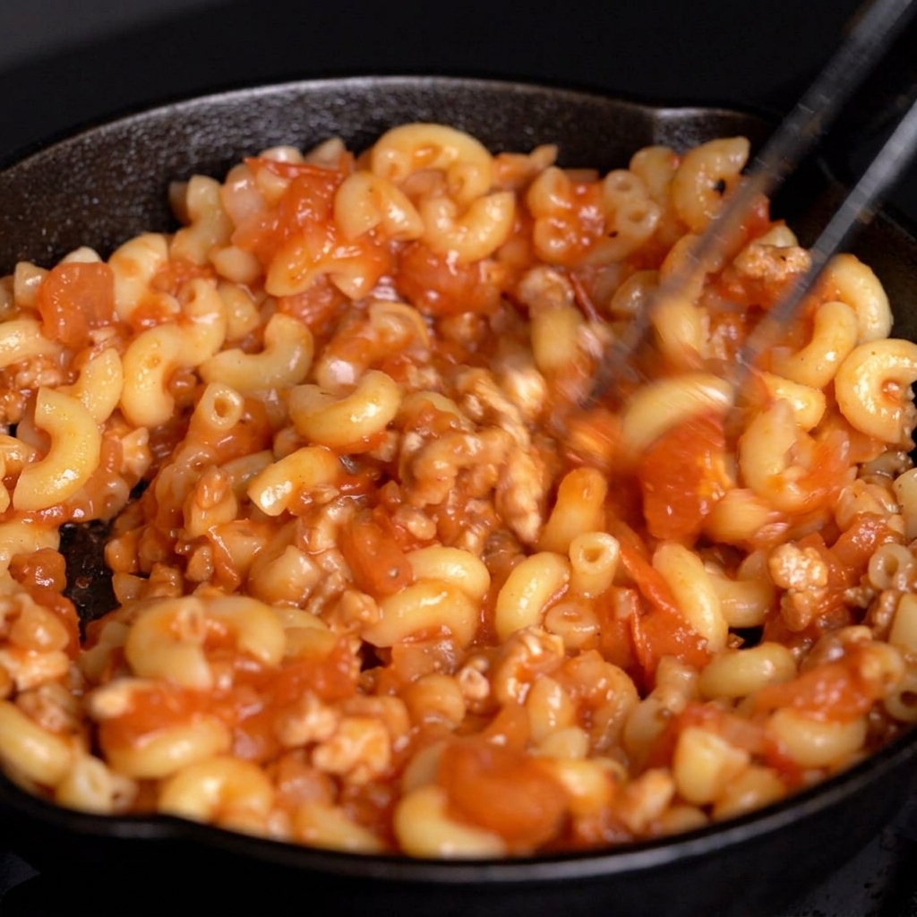 Pinces métalliques mélangeant uniformément les macaronis dans la sauce tomate rouge.