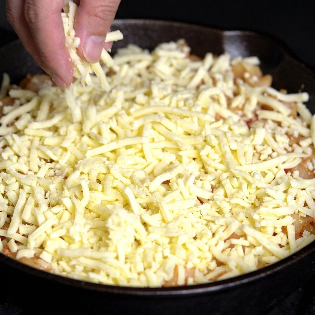 Une main saupoudrant une couche épaisse de mozzarella râpée sur la poêle de pâtes cuisinées.