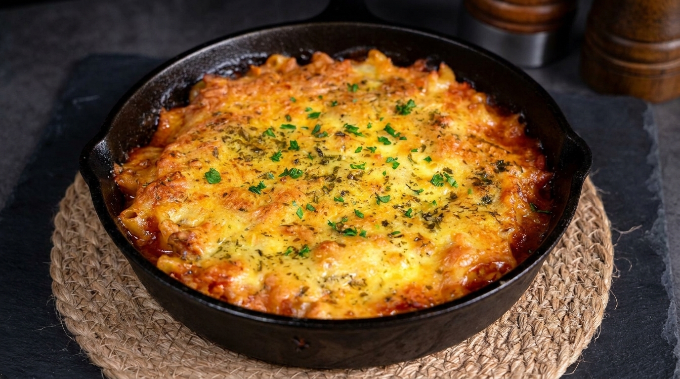 Gratin de pâtes à la tomate, sauce viande et mozzarella fondante