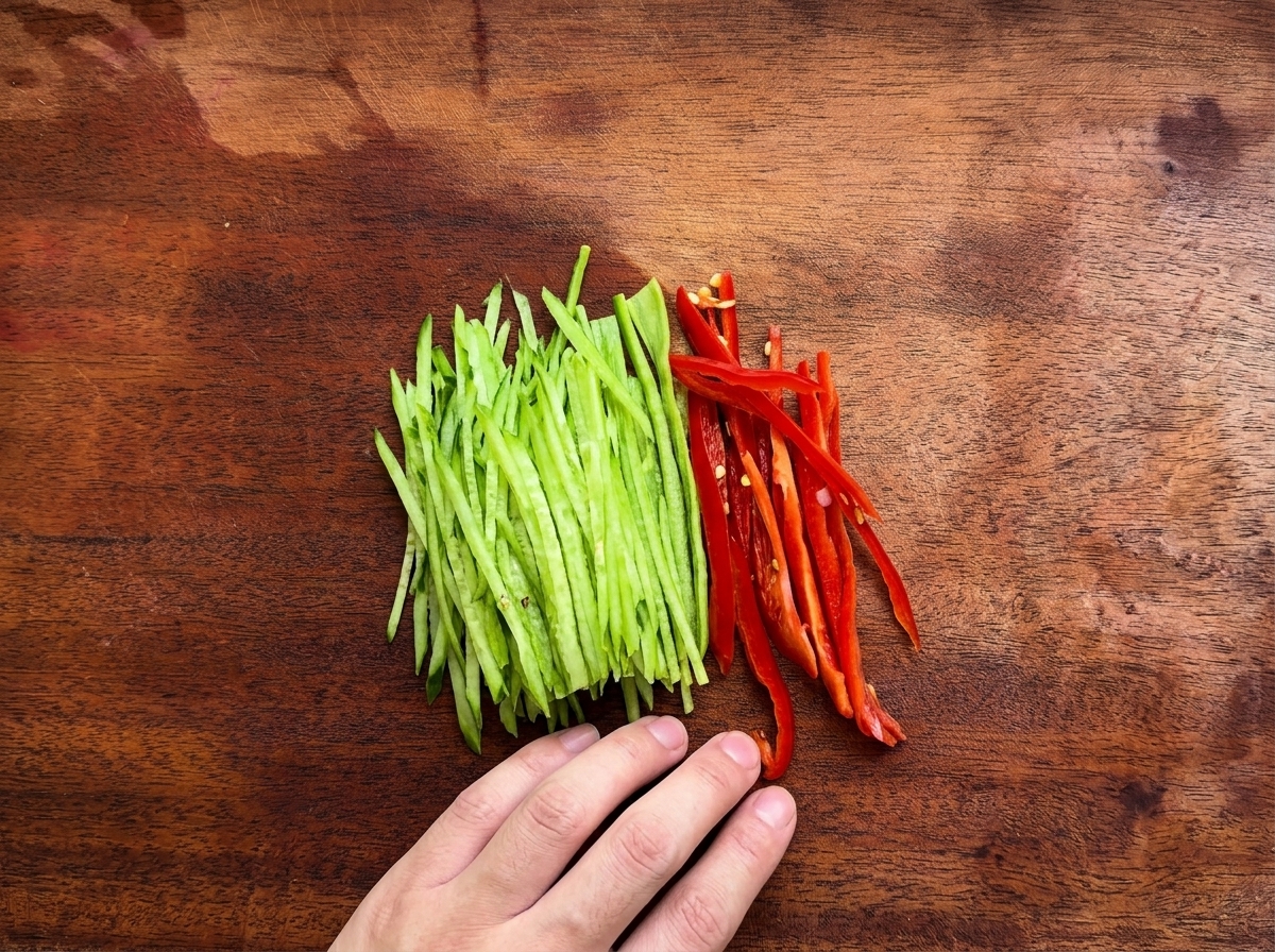 Lamelles de poivrons rouges et verts sur une planche à découper en bois.