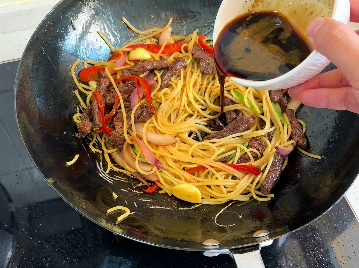 Main versant la sauce sombre sur les spaghetti et le bœuf dans le wok.