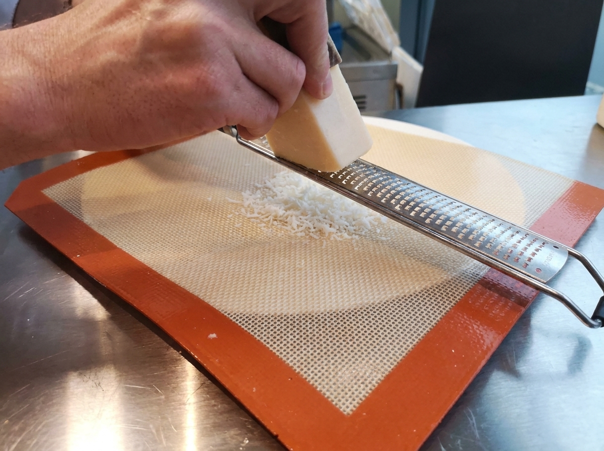 Utilisation dune petite spatule pour former un rectangle de parmesan râpé sur un tapis en silicone.
