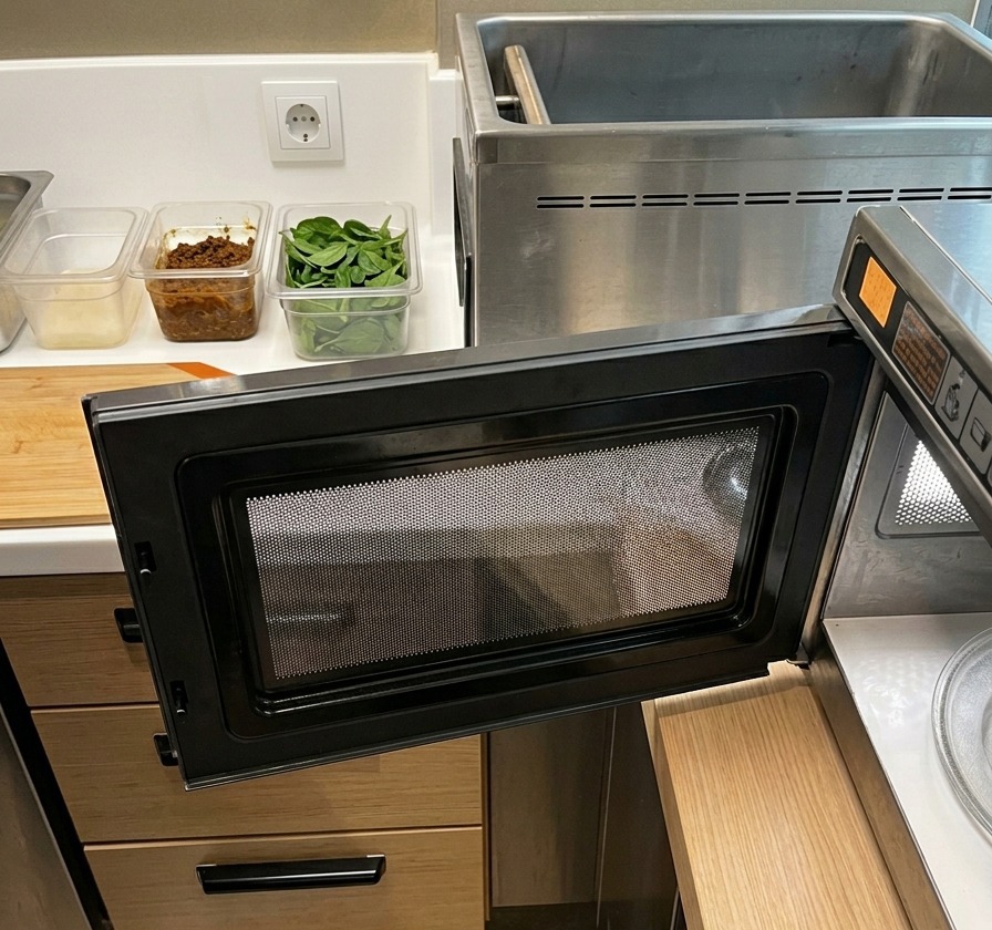 Un micro-ondes professionnel ouvert à côté dun plan de travail en cuisine.