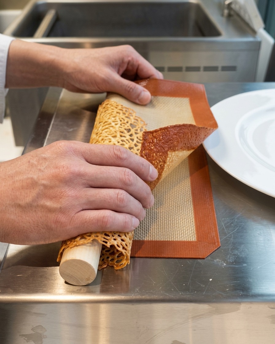 Mains pressant doucement une tuile de fromage alvéolée autour dun rouleau à pâtisserie.