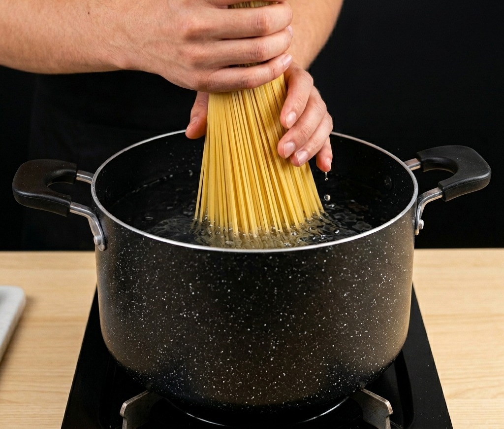 Mains tenant un faisceau vertical de spaghettis secs et les pressant dans une marmite noire deau bouillante.