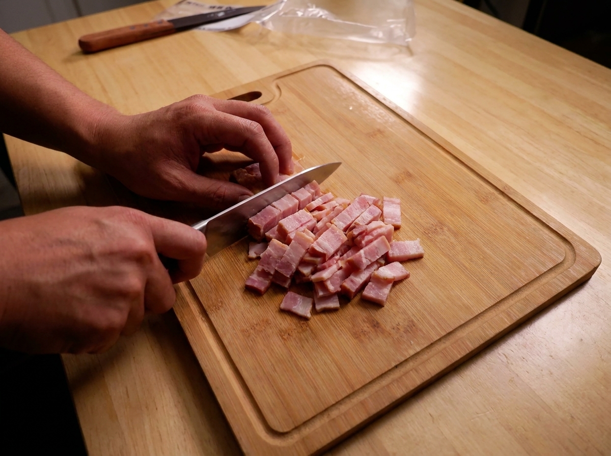 Mains utilisant un couteau pour couper une tranche épaisse de bacon cru en petits cubes sur une planche en bois.