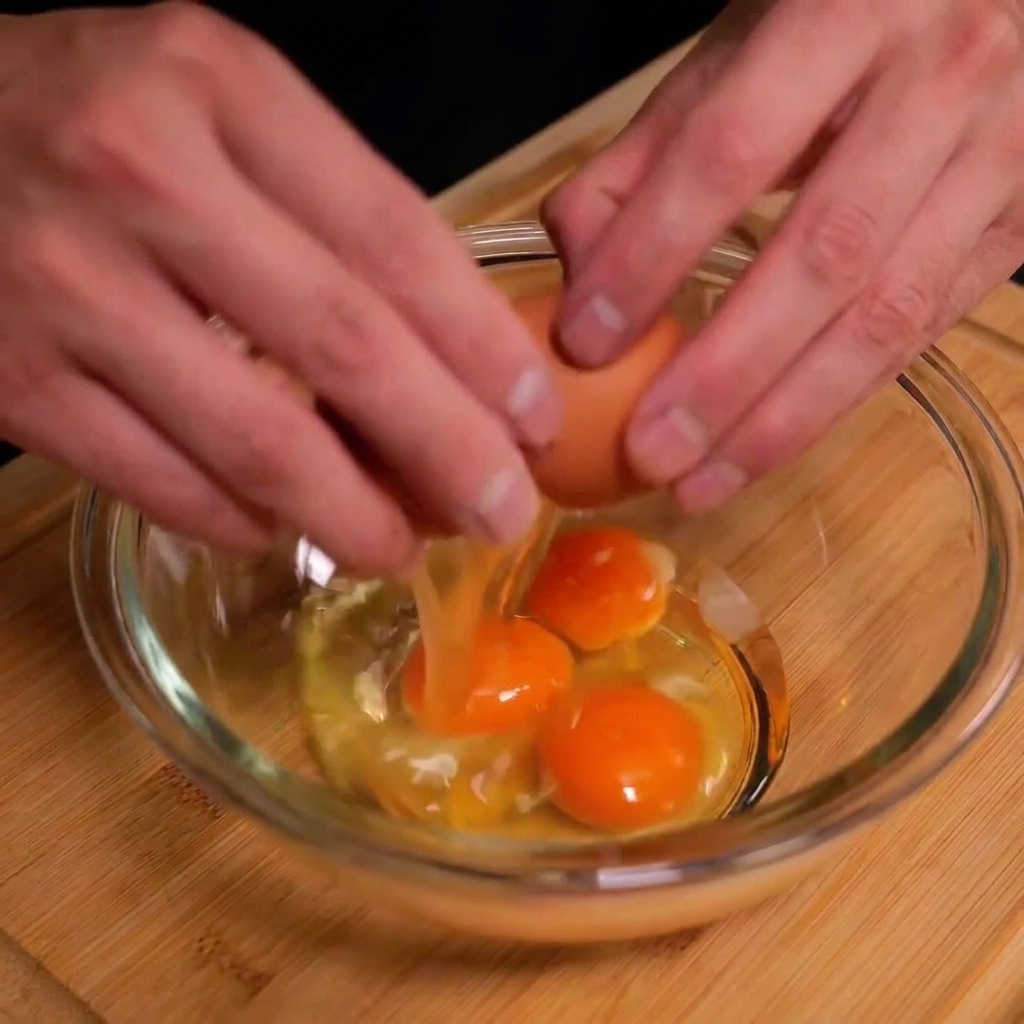 Mains cassant une coquille dœuf directement au-dessus dun petit bol en verre contenant plusieurs jaunes dœufs orange vif.