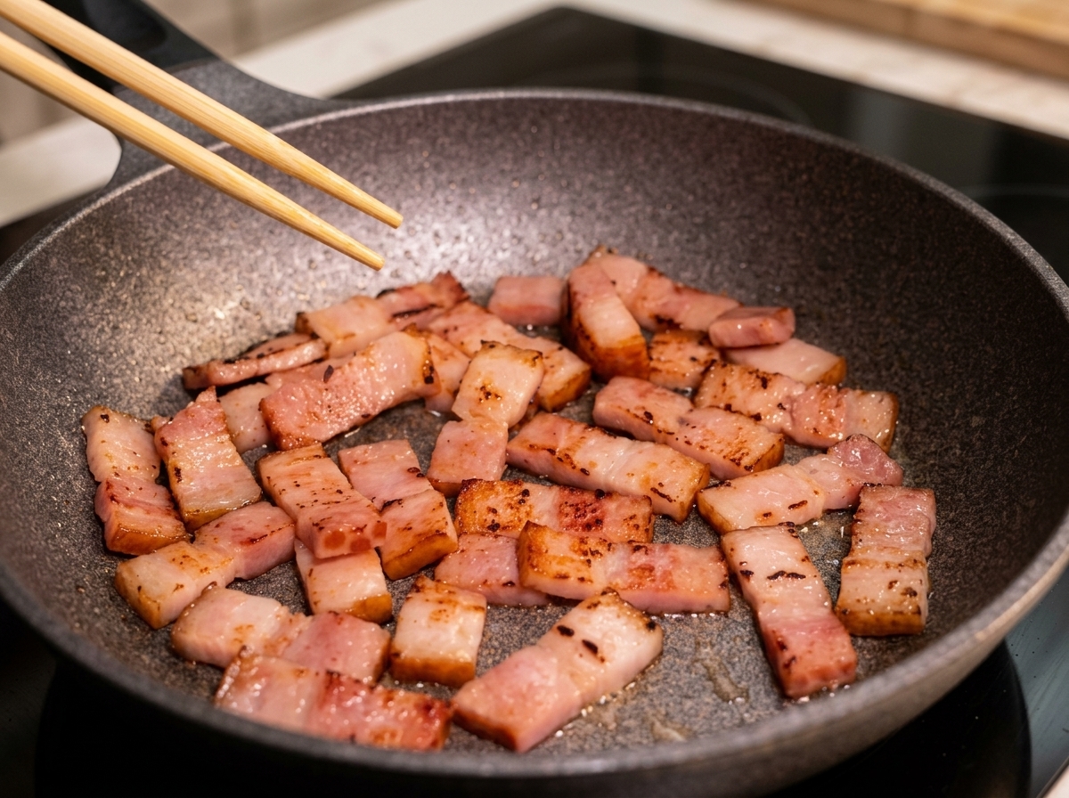 Petits morceaux de bacon dorés et croustillants cuisant dans leur gras dans une poêle chaude, remués avec des baguettes en bois.