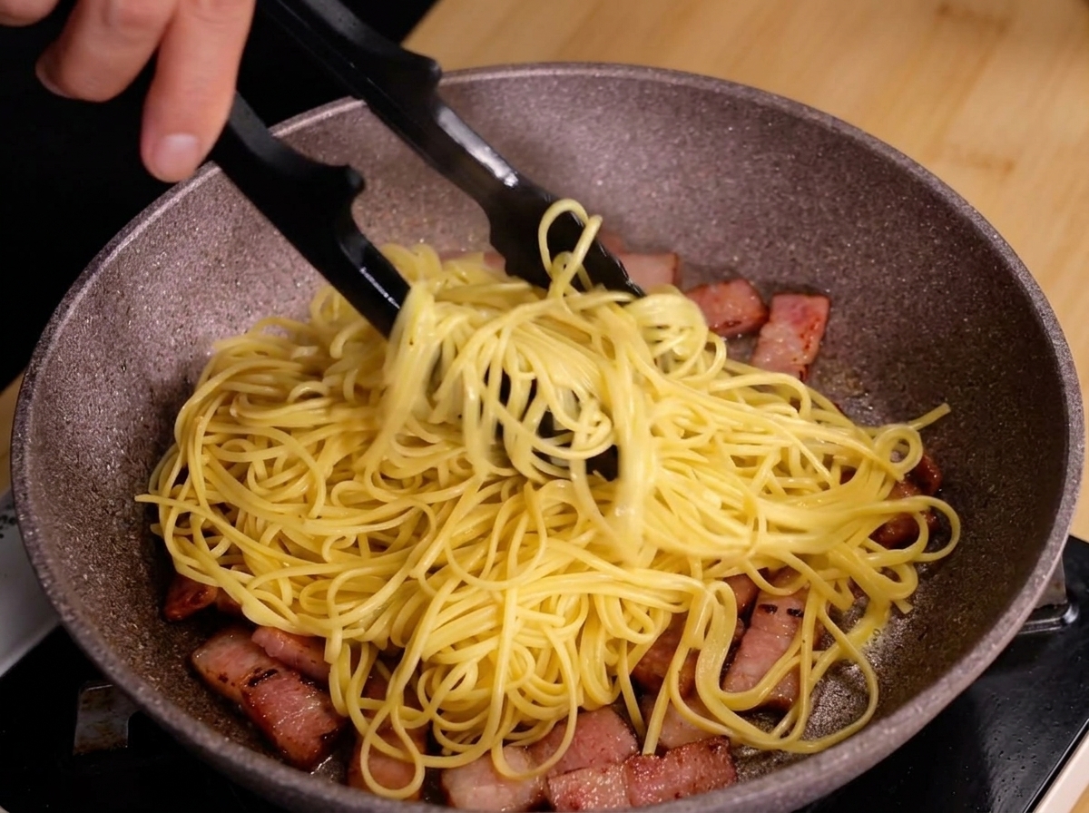 Pince noire soulevant des spaghettis chauds dans une poêle tachetée remplie de morceaux de bacon dorés.