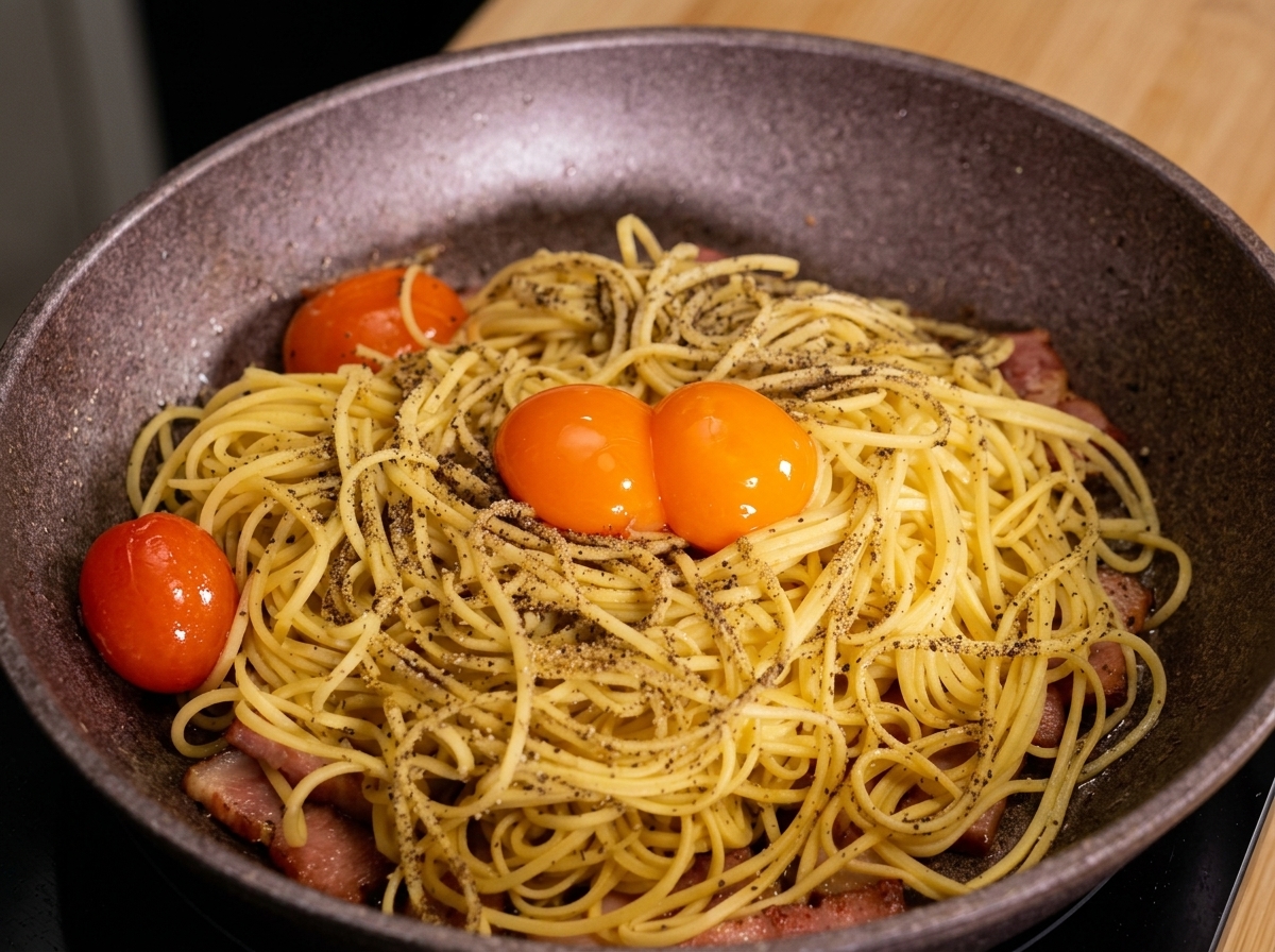 Deux jaunes dœufs orange vif posés sur des spaghettis assaisonnés au poivre noir et du bacon dans une poêle.