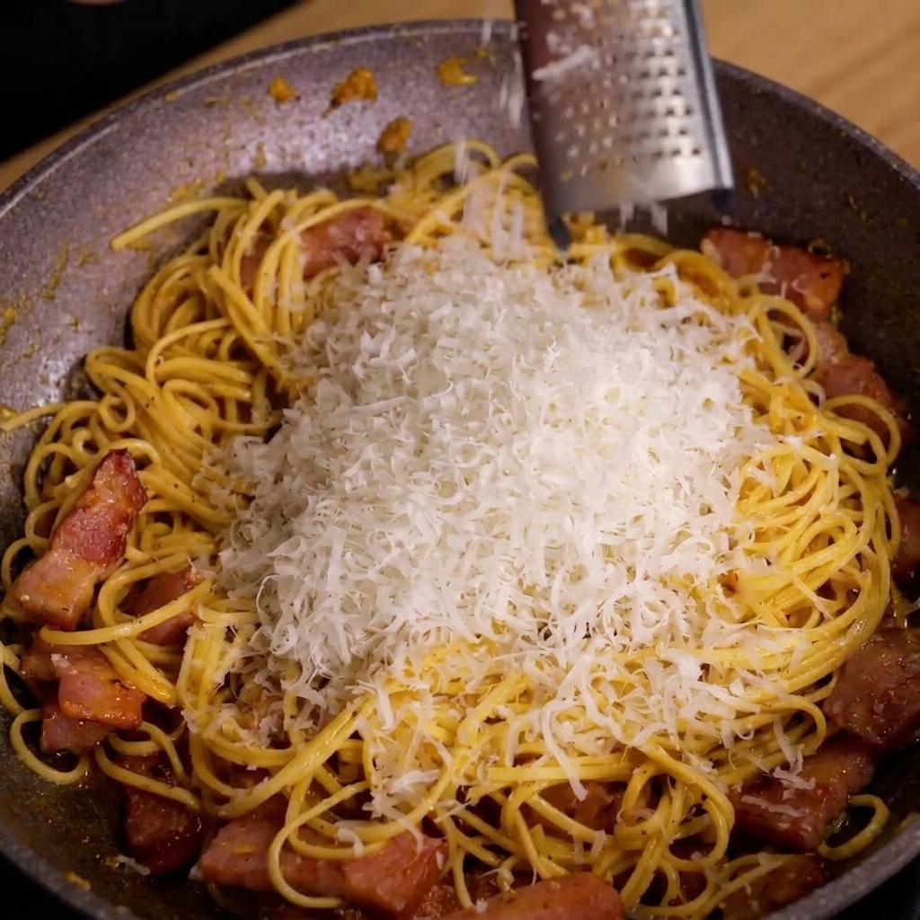 Une râpe à main en métal saupoudrant de fins copeaux de parmesan sur une poêle de spaghettis et de bacon.