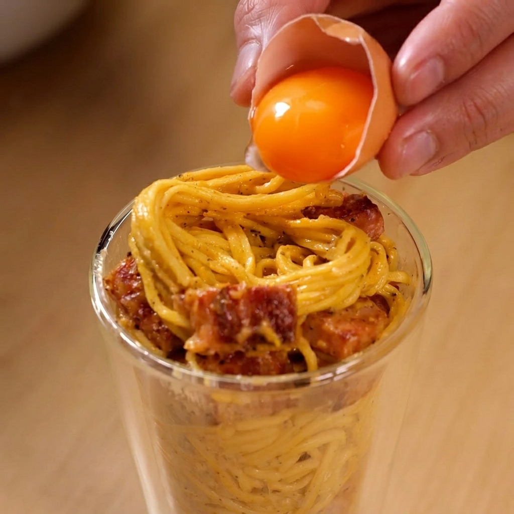 Une main déposant un jaune dœuf orange vif dune coquille sur le centre des pâtes cuites dans un verre transparent.