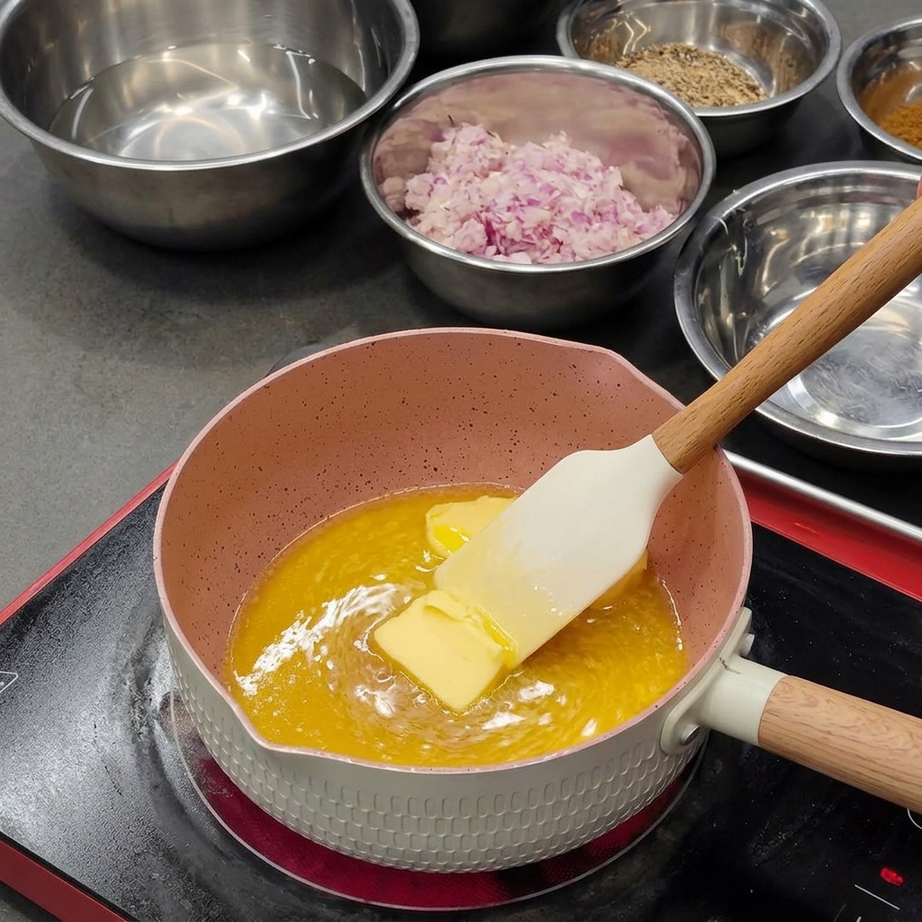 Un bloc de beurre jaune fondant dans une casserole rose avec une spatule en silicone.
