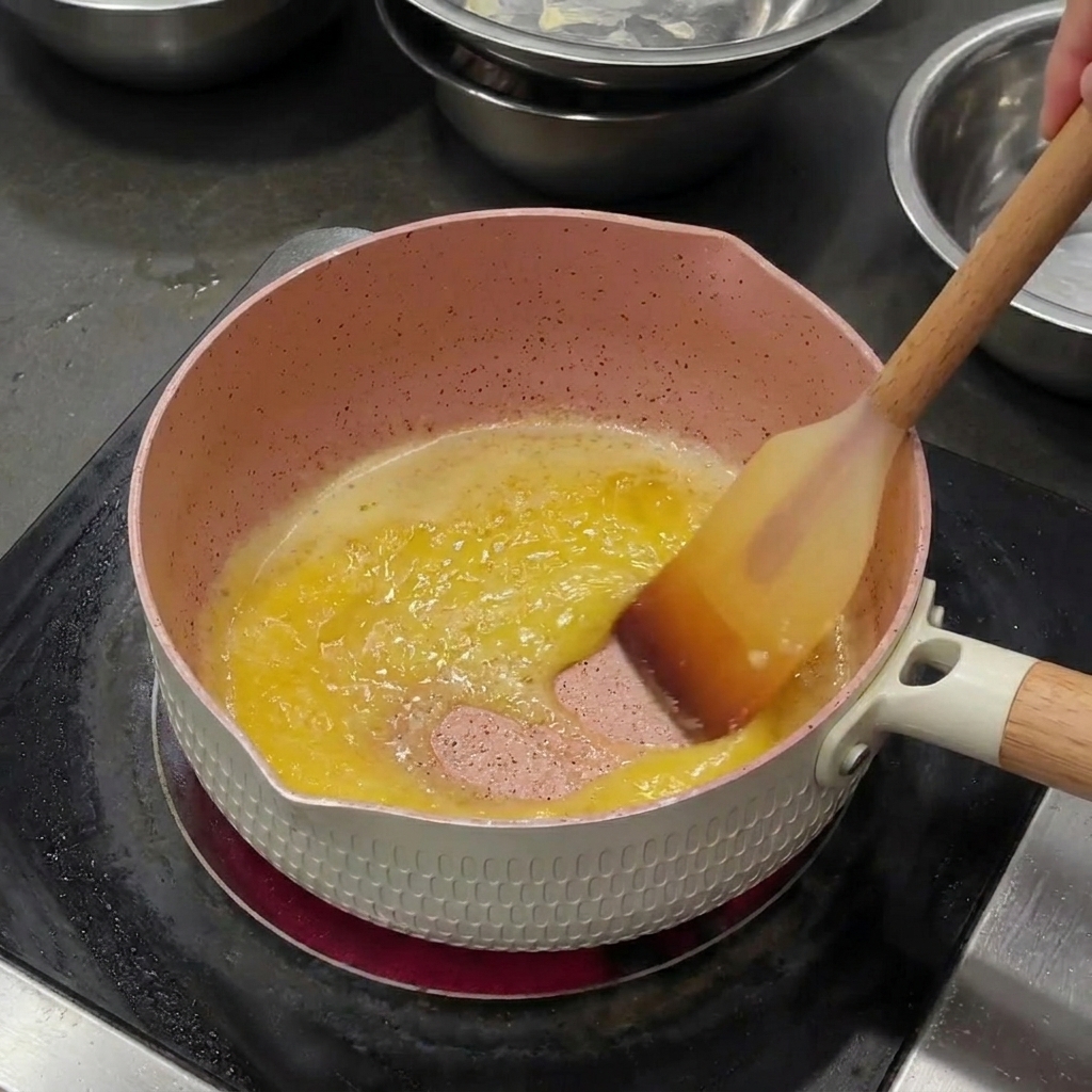 Beurre fondu et bouillonnant dans une casserole rose, remué avec une spatule.