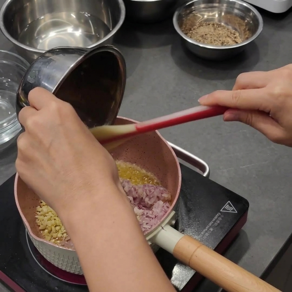 Verser une généreuse quantité doignons rouges et dail hachés dans une casserole de beurre fondu.