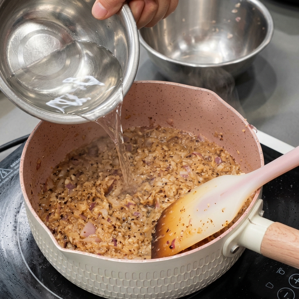 Une main versant un liquide clair depuis un bol en métal dans une casserole contenant un mélange sombre doignons et de poivre.