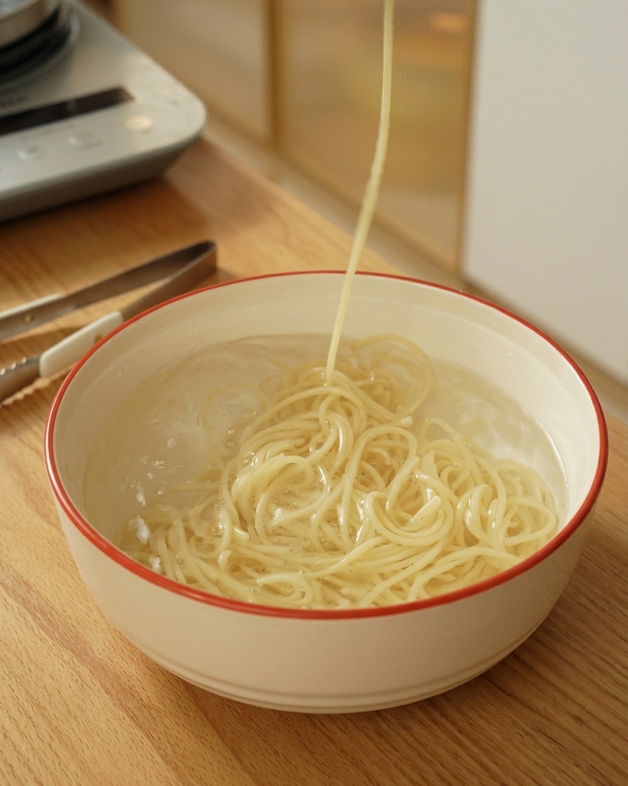 Extraire les spaghetti dun bol deau froide.