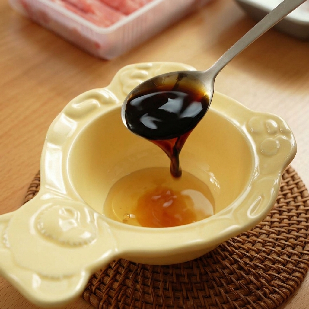 Une cuillère mélangeant une sauce sombre dans un petit bol.