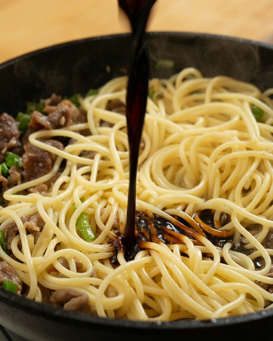 Verser la sauce sombre sur le mélange de spaghetti et de bœuf.