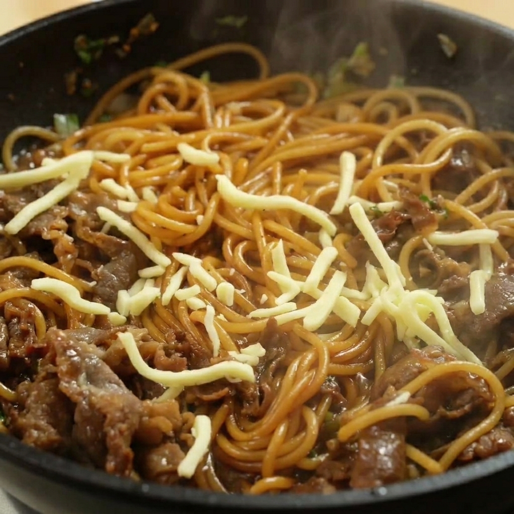 Mozzarella râpée saupoudrée sur les spaghetti au bœuf chauds.