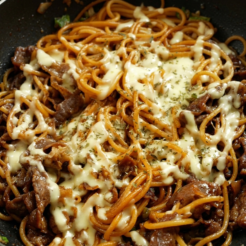 Spaghetti sautés au bœuf avec fromage fondu et persil séché.