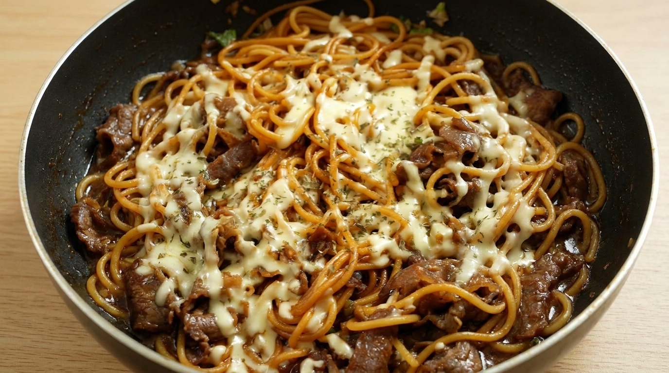 Spaghetti Sautés au Bœuf et Fromage Fondu
