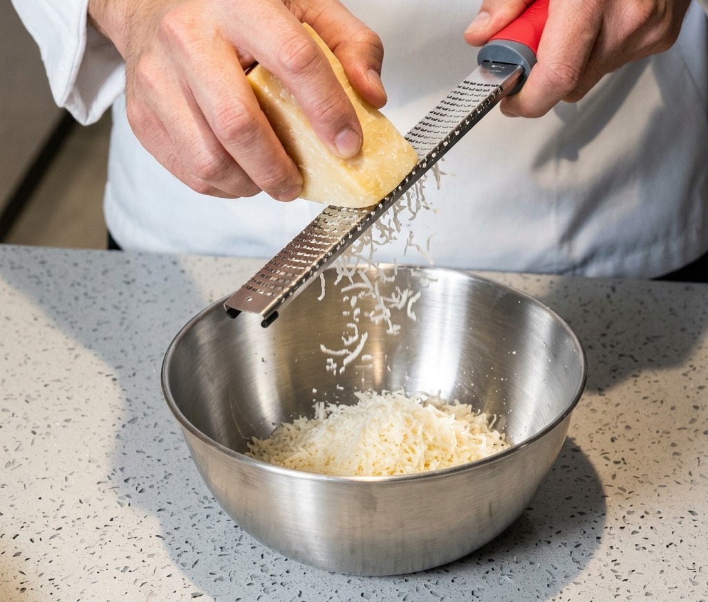 Mains tenant un bloc de Parmesan et le râpant avec une microplane dans un bol en inox.