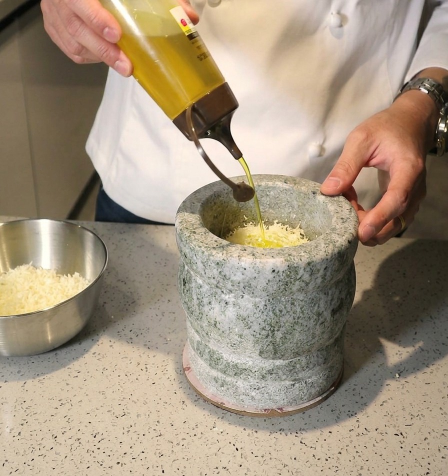 Chef versant de lhuile dolive dune bouteille transparente dans un mortier rempli de fromage et daromates.