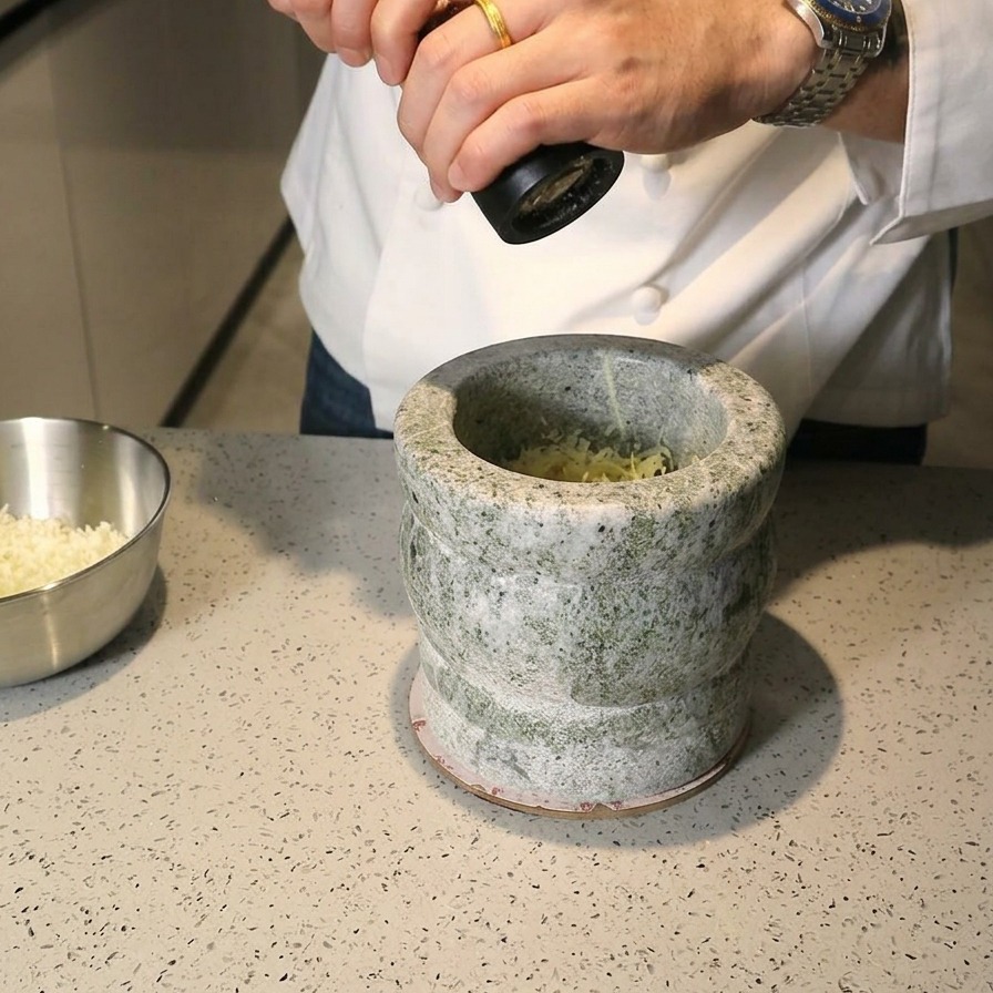 Mains dun chef broyant du poivre noir avec un moulin au-dessus dun mortier.