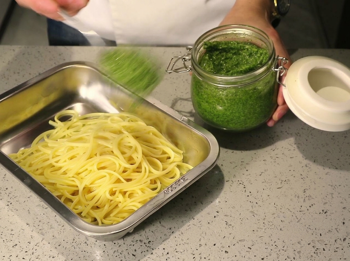 Une grande cuillerée de pesto vert versée dun bocal sur des spaghettis cuits dans un plat métallique.