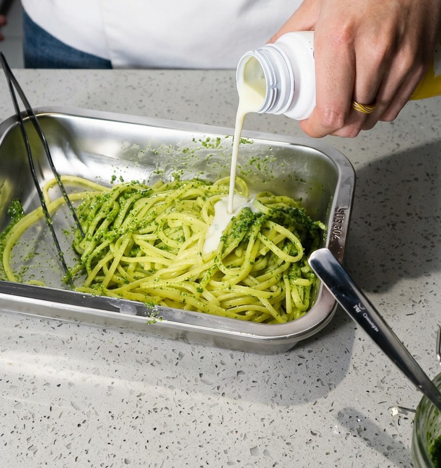 Une main versant du yaourt blanc aromatisé au fromage sur des spaghettis au pesto dans un plat métallique.