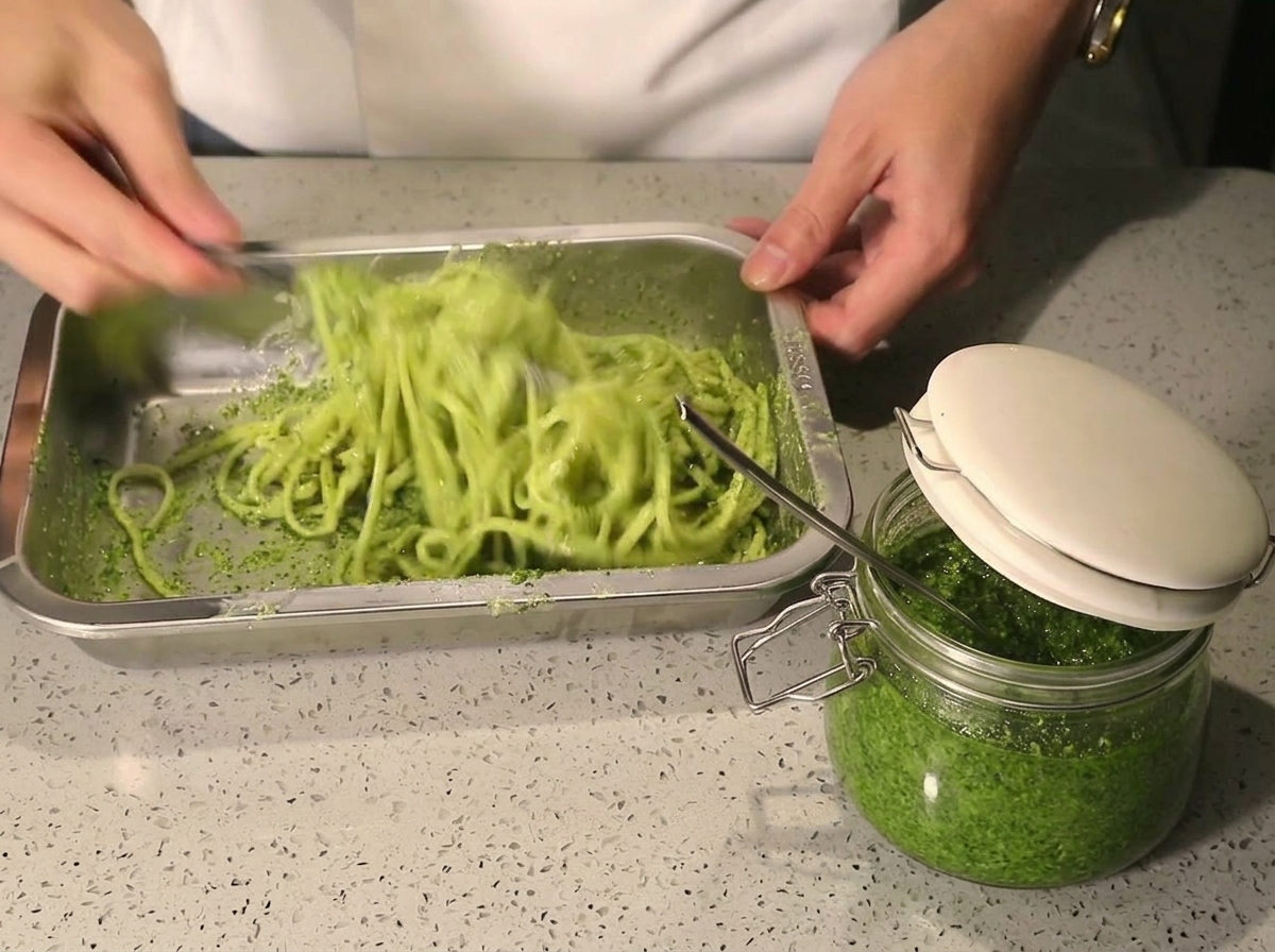 Mains mélangeant activement des spaghettis et de la sauce pesto dans un plateau jusquà ce que les pâtes soient bien enrobées.