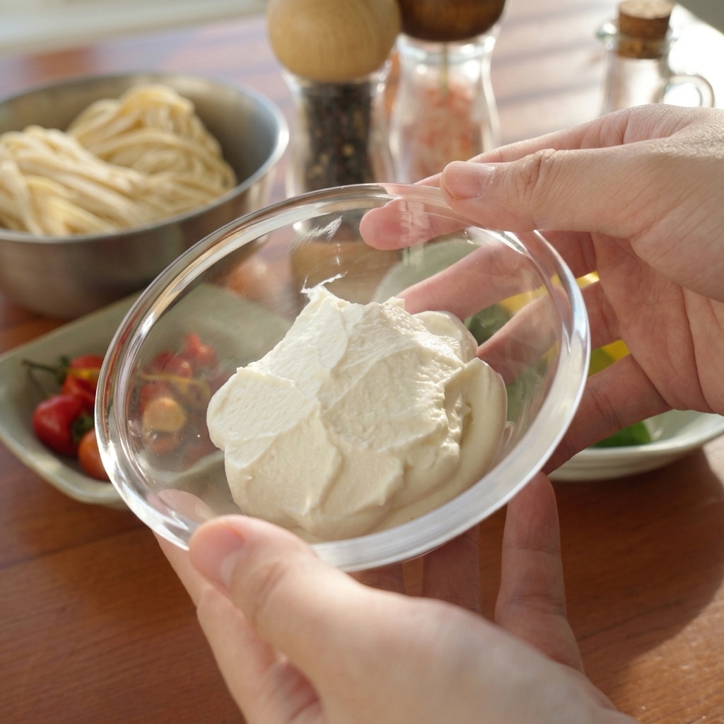 Mains tenant un petit bol en verre rempli de ricotta blanche épaisse et crémeuse.