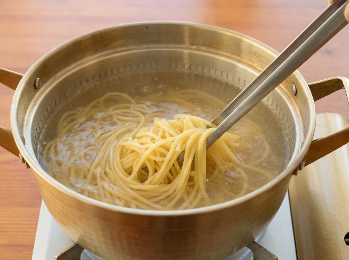 Longs brins de spaghetti bouillant vigoureusement dans une casserole en inox, remués avec des pinces métalliques.