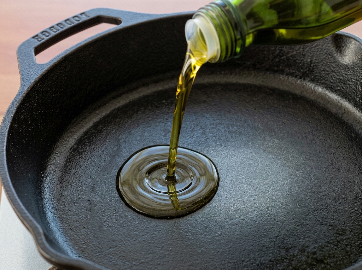 Un filet dhuile dolive jaune versé dune bouteille en verre dans une poêle en fonte noire.