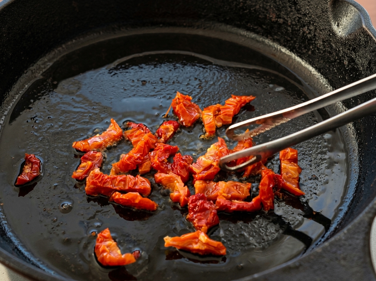 Dés de tomates séchées grésillant dans lhuile chaude à lintérieur dune poêle en fonte.