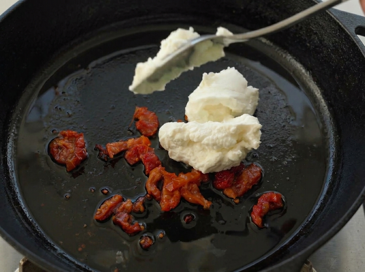 Ajout de deux cuillères de ricotta blanche dans une poêle avec des tomates séchées frites.