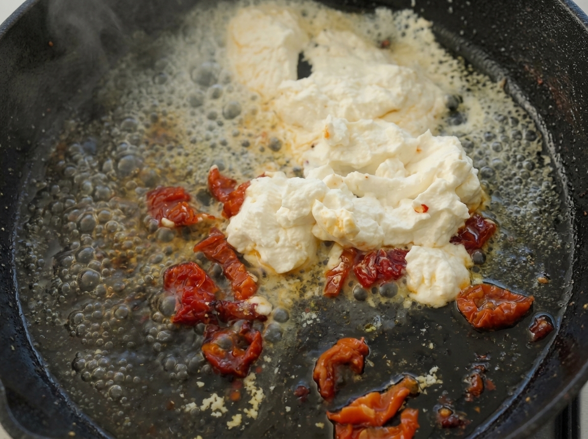 Ricotta fondant et se mélangeant aux tomates séchées dans une poêle qui mijote.