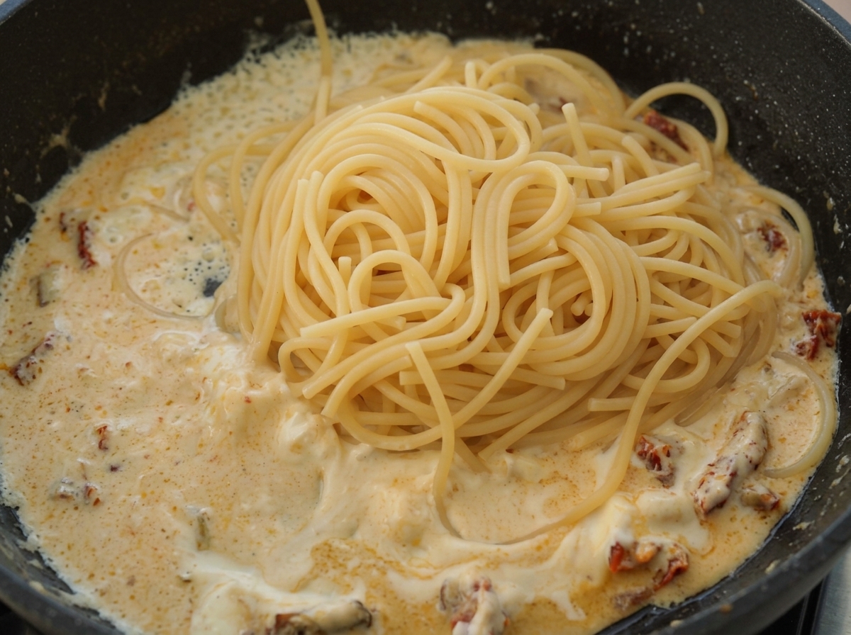 Un dôme de spaghetti cuits placé sur une sauce crémeuse dans une poêle.
