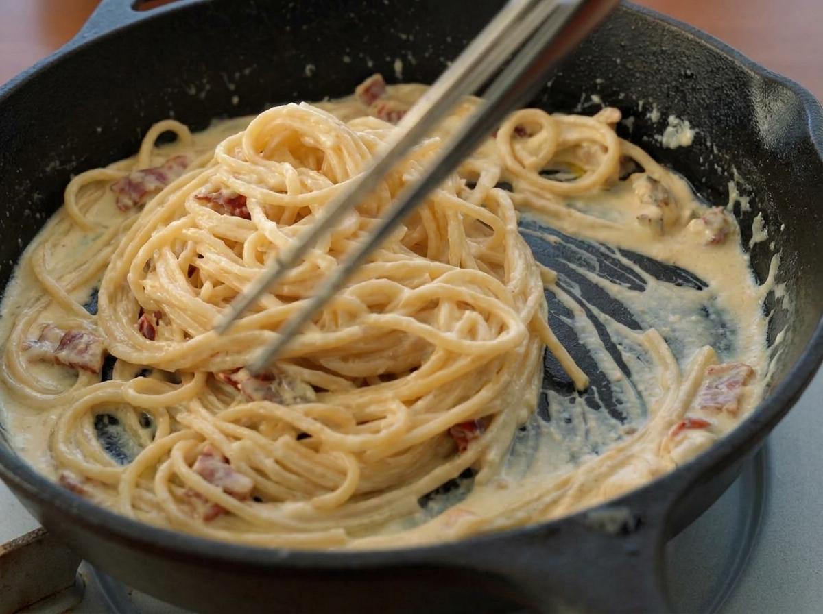 Utilisation de pinces métalliques pour mélanger les spaghetti dans une sauce crémeuse à la tomate.