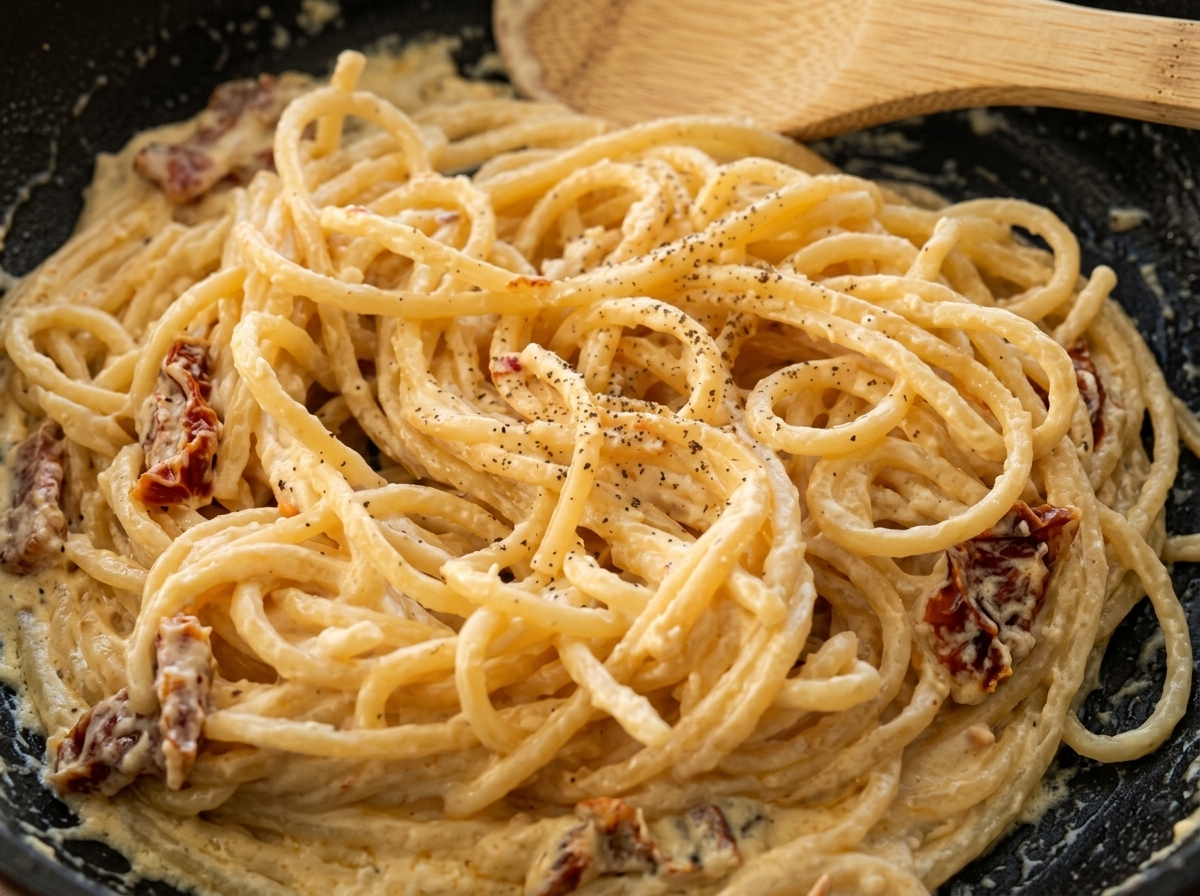 Gros plan de spaghetti crémeux saupoudrés de poivre noir fraîchement moulu.