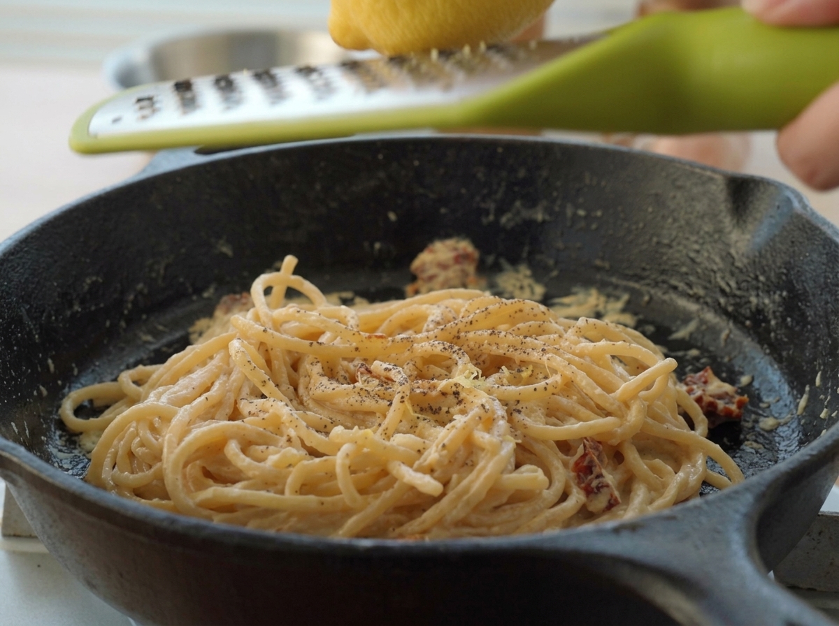 Râper le zeste jaune dun citron frais sur une poêle de spaghetti crémeux à laide dune râpe microplane.