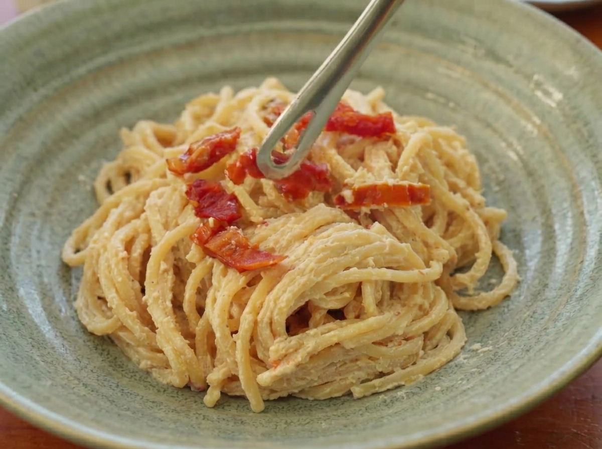Pinces de cuisine déposant délicatement des morceaux de tomates séchées sur des spaghetti crémeux dans un bol rustique.