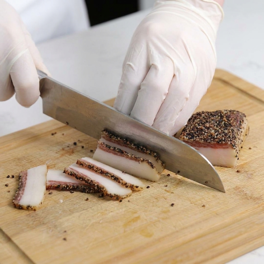 Mains découpant des tranches de guanciale poivré en lanières épaisses sur une planche à découper en bois.